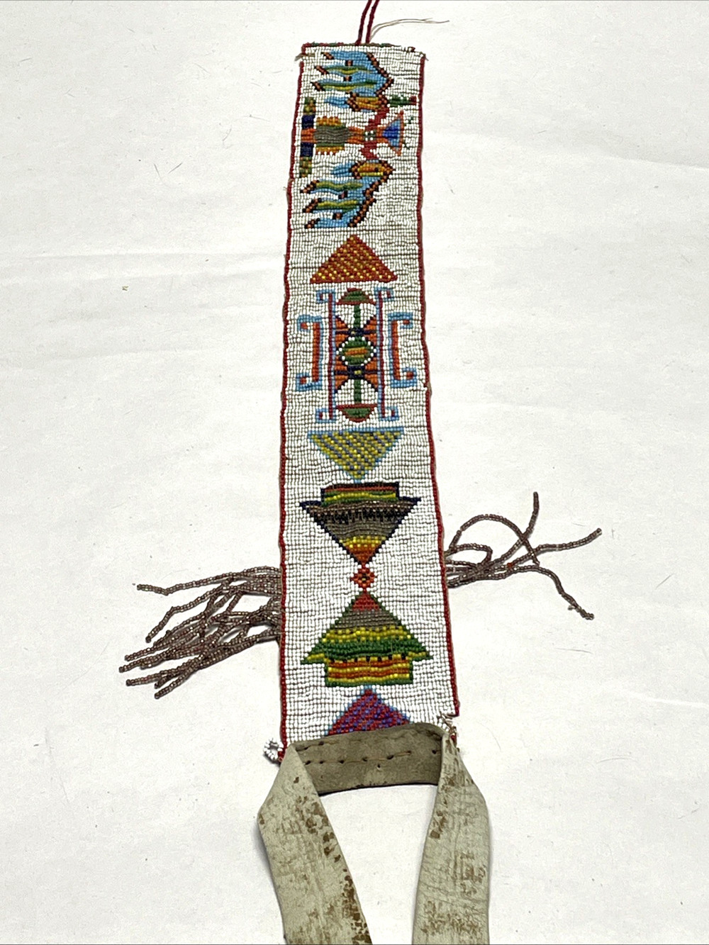 Antique Hand-Beaded Native American Style Hide Sash Belt Glass Seed Beads White